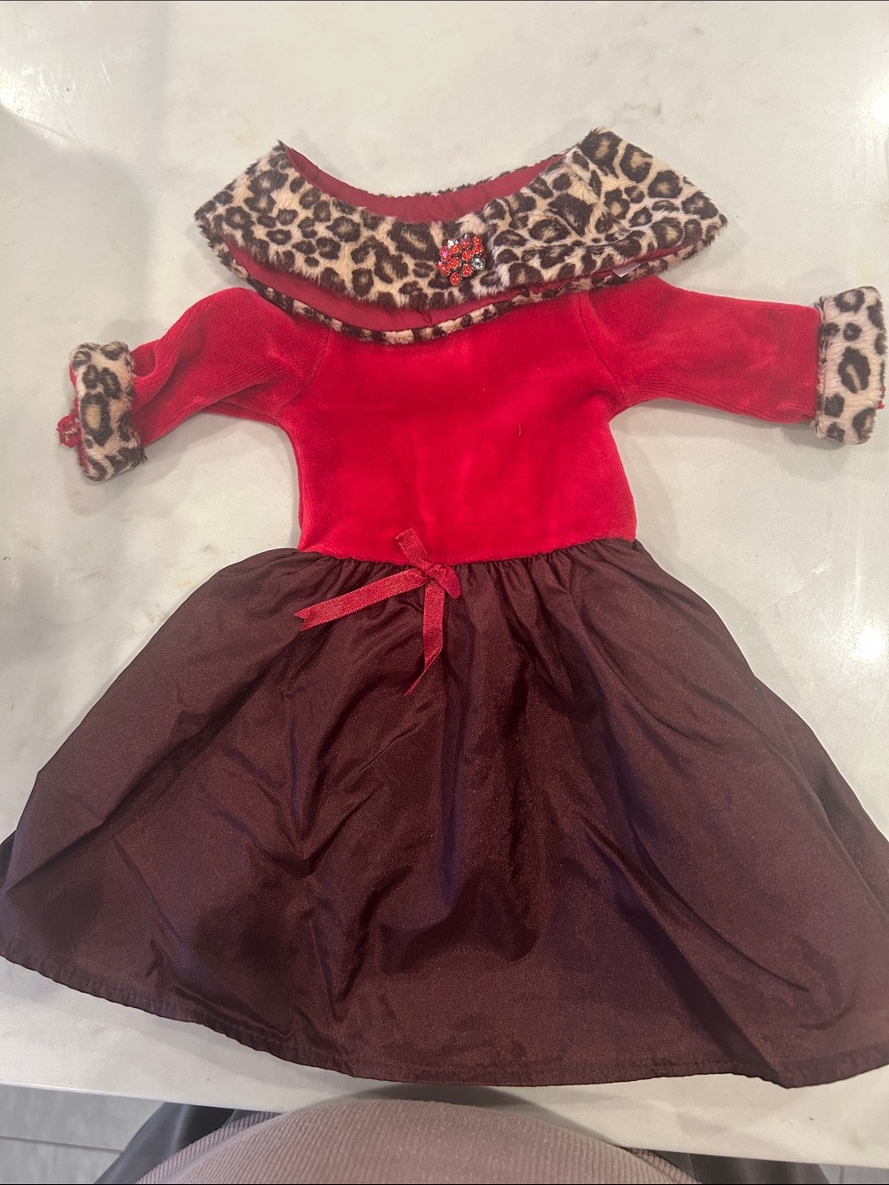 Red Velvet American Girl Doll Dress with Leopard Trim